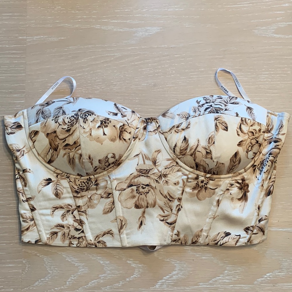 SHEIN Cream Floral Longline Bustier Bra